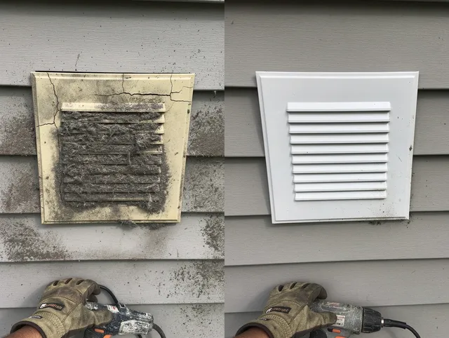 Wilmington Island Dryer Vent Cleaning technician installing high-quality dryer vent cover at a residential property in Wilmington Island